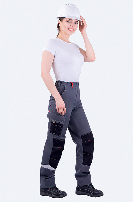 картинка Брюки рабочие женские летние Турбо Safety (смесовая 245, СОП, серый / черный / красный) от магазина Хоккерс