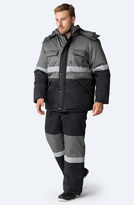 картинка Костюм зимний рабочий Нордхард-2 (куртка+п/к, смесовая 250, синтепон, СОП, черный / серый) от магазина Хоккерс