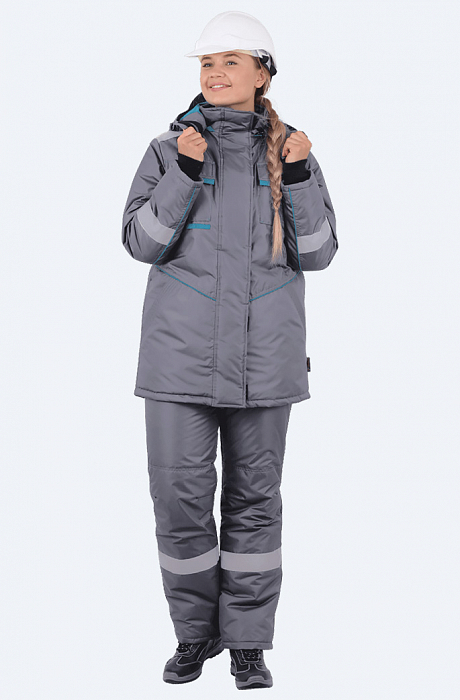 картинка Зимний костюм женский Галактика (куртка+брюки, 100%ПЭ 110, climafort, СОП, серый / бирюза) от магазина Хоккерс